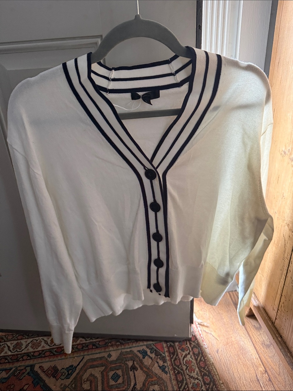 J. Crew White V-Neck Button Cardigan with Navy Trim